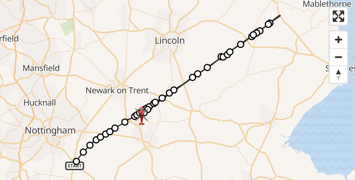 Flight path map showing Air Ambulance Helicopter route from Hickling to Hougham