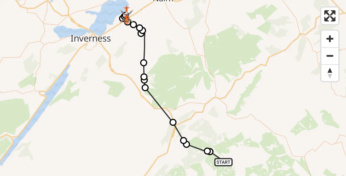 Flight path map showing Coastguard Helicopter route from Highland to Inverness Airport