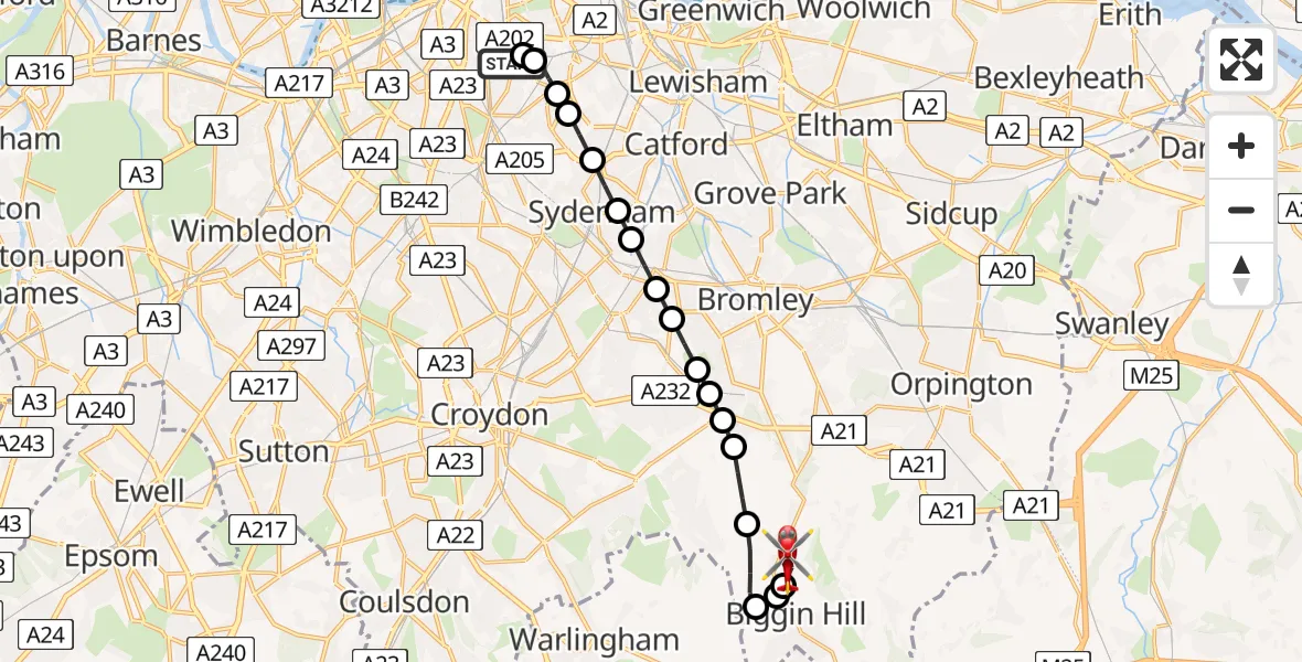 Flight route Air Ambulance Helicopter Kings College London Hospital - London Biggin Hill Airport, 29 April 2026, 17:46