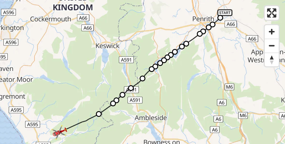 Flight path map showing Air Ambulance Helicopter route from Edenhall to Eskdale Green
