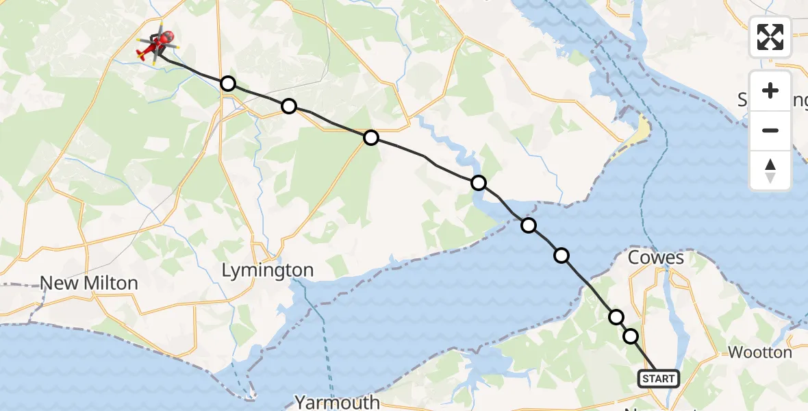 Flight path map showing Air Ambulance Helicopter route from Newport to Brockenhurst
