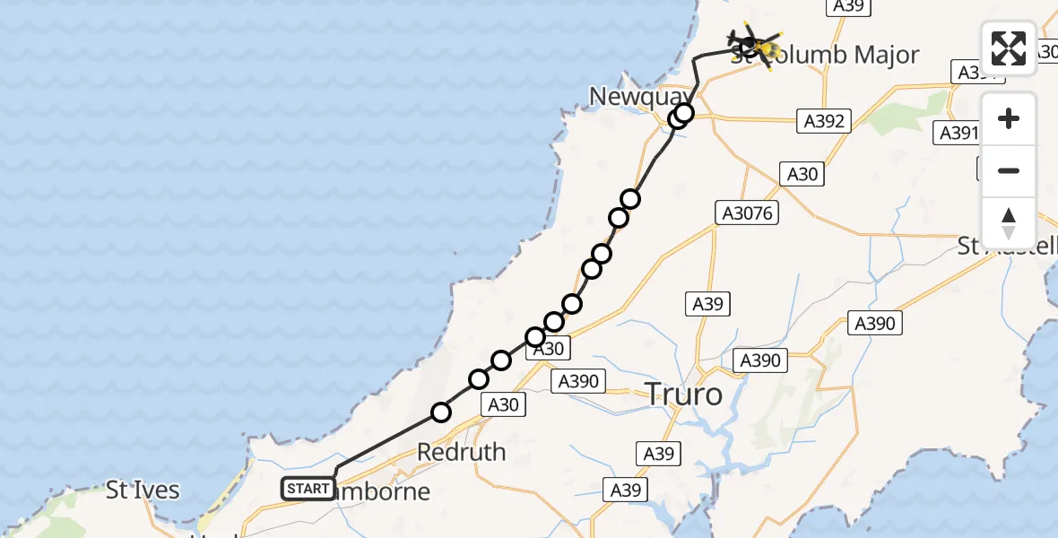 Flight route Police Helicopter Camborne - Cornwall Airport Newquay, 29 April 2026, 18:06
