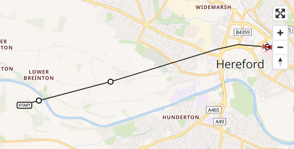 Flight route Air Ambulance Helicopter King's Acre - Hereford County Hospital, 29 April 2026, 18:13