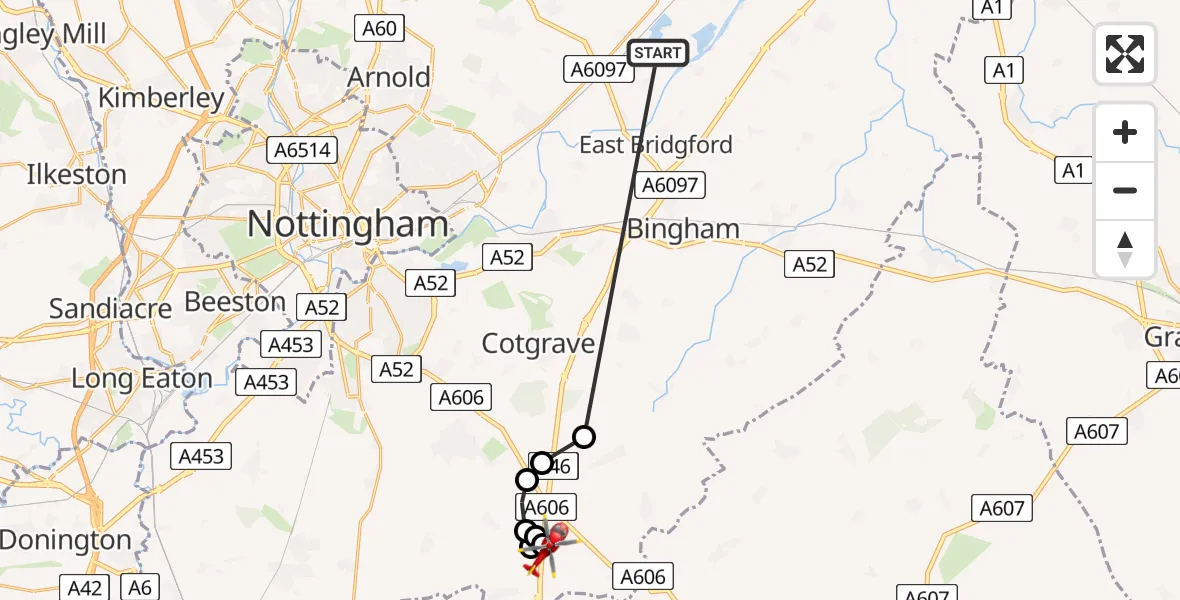 Flight route Air Ambulance Helicopter Hoveringham - Nottingham Heliport, 29 April 2026, 18:14