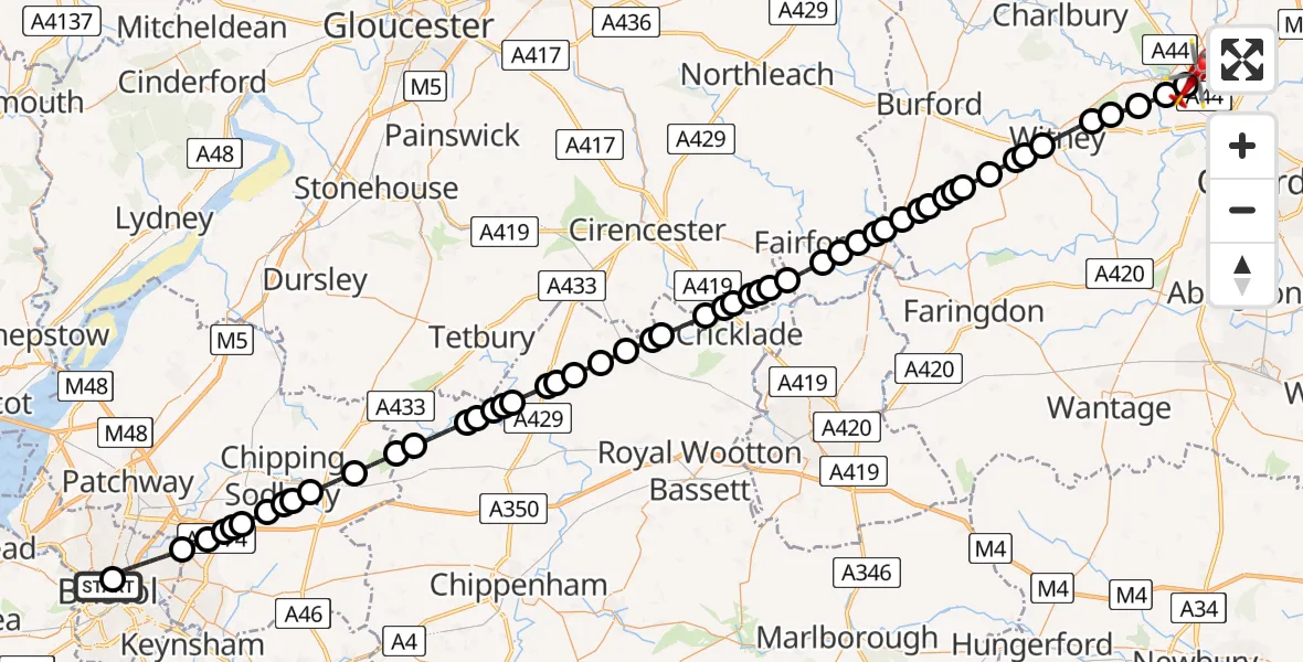 Flight route Air Ambulance Helicopter Bristol Royal Infirmary - Begbroke, 29 April 2026, 18:16