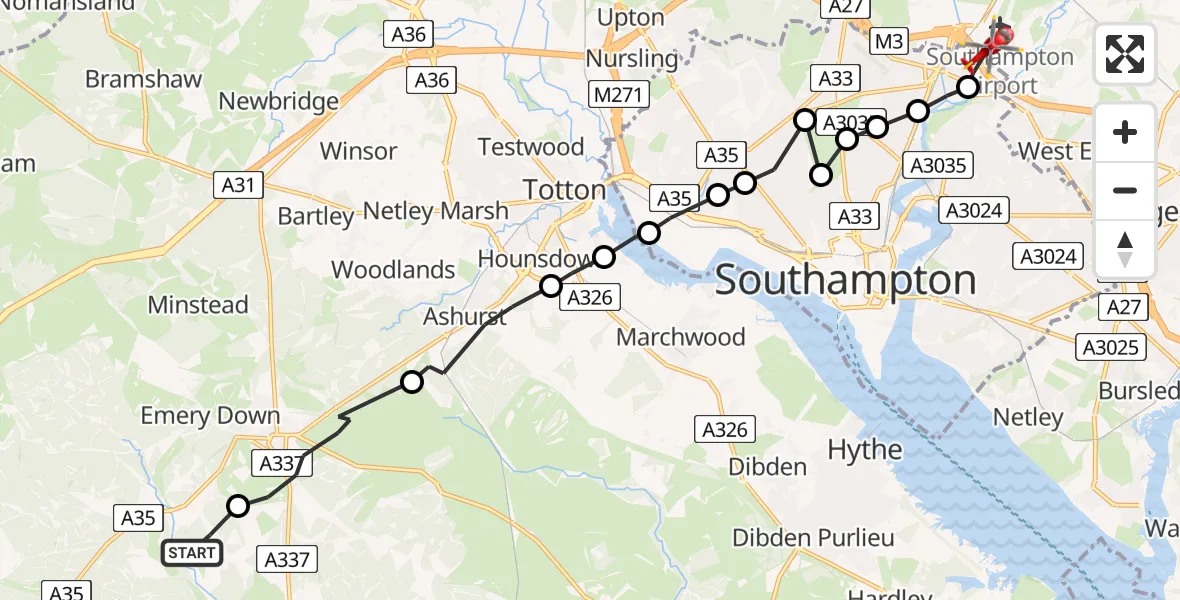 Flight path map showing Air Ambulance Helicopter route from Brockenhurst to Southampton Airport