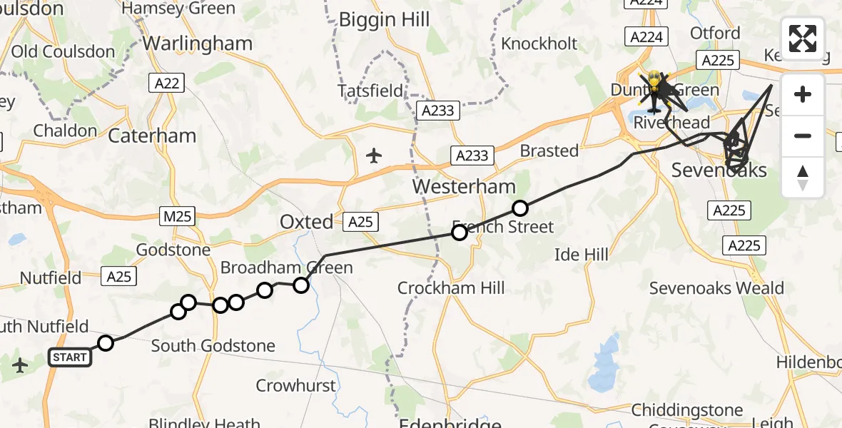 Flight path map showing Police Helicopter route from South Nutfield to Sevenoaks