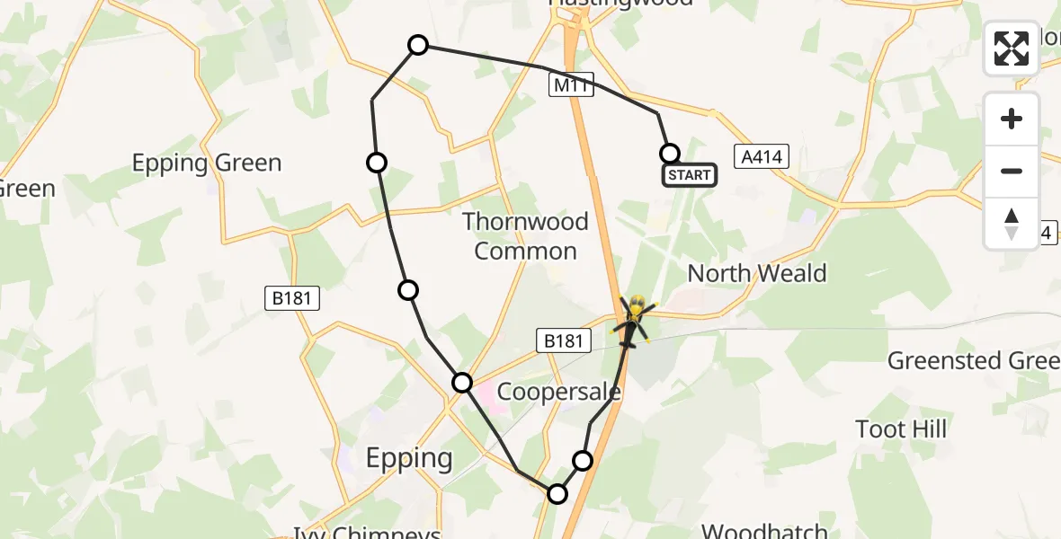 Flight path map showing Police Helicopter route from North Weald Airfield to Coopersale