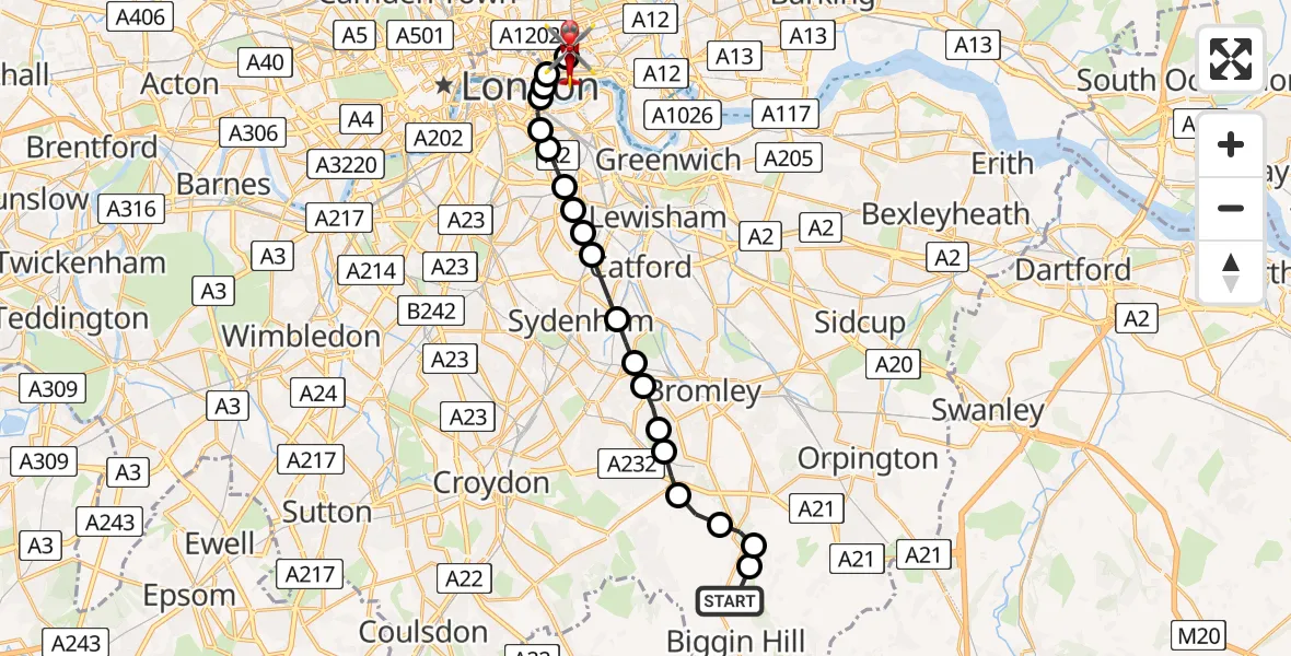 Flight route Air Ambulance Helicopter London Biggin Hill Airport - Royal London Hospital, 29 April 2026, 18:34