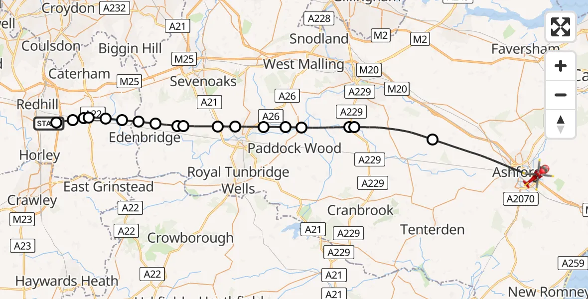 Flight route Air Ambulance Helicopter Redhill Aerodrome - Ashford, 29 April 2026, 18:35