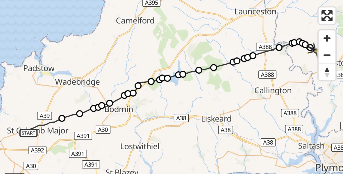 Flight route Police Helicopter St. Columb Major - Lamerton, 29 April 2026, 18:39