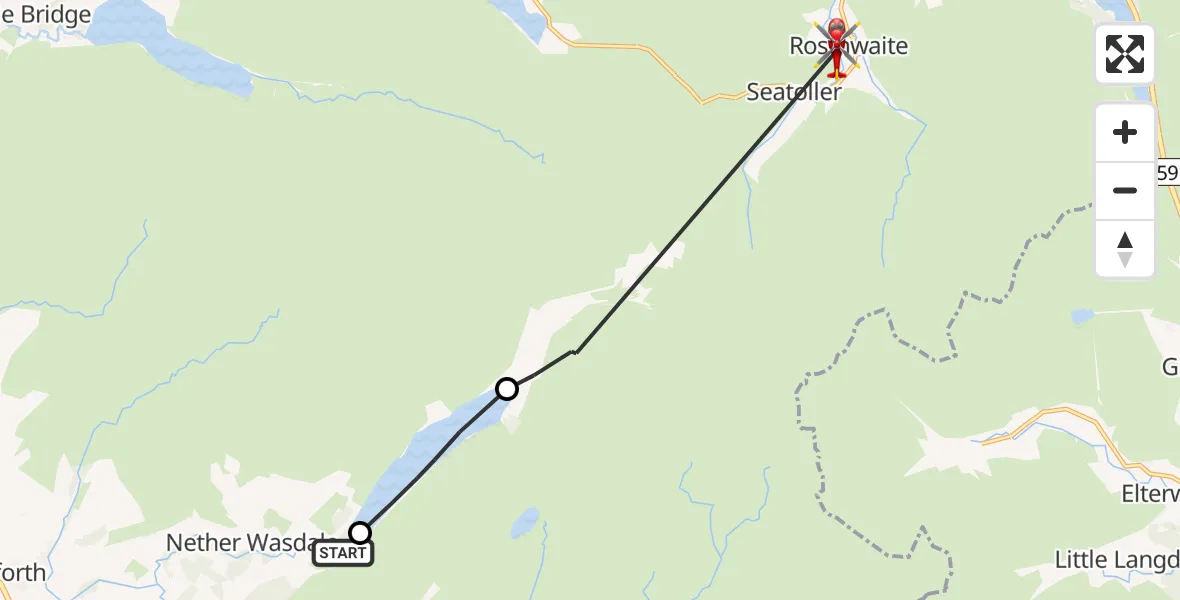 Flight path map showing Air Ambulance Helicopter route from Wasdale to Rosthwaite
