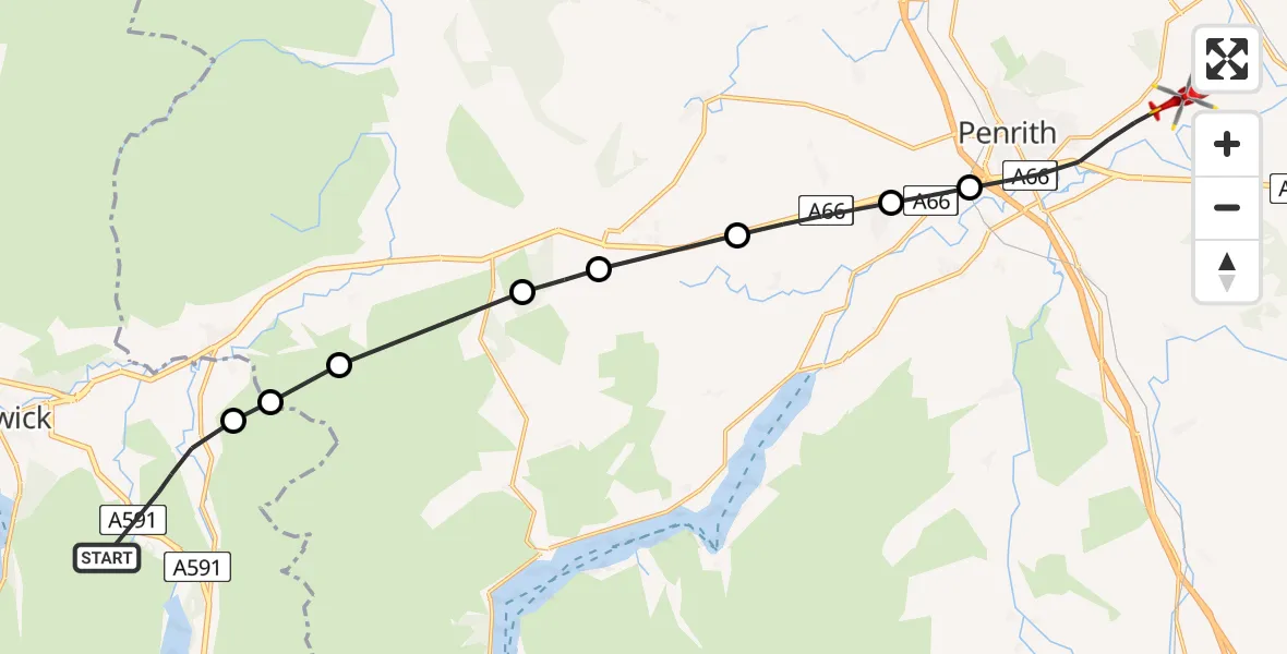 Flight path map showing Air Ambulance Helicopter route from St. John's Castlerigg and Wythburn to Brougham