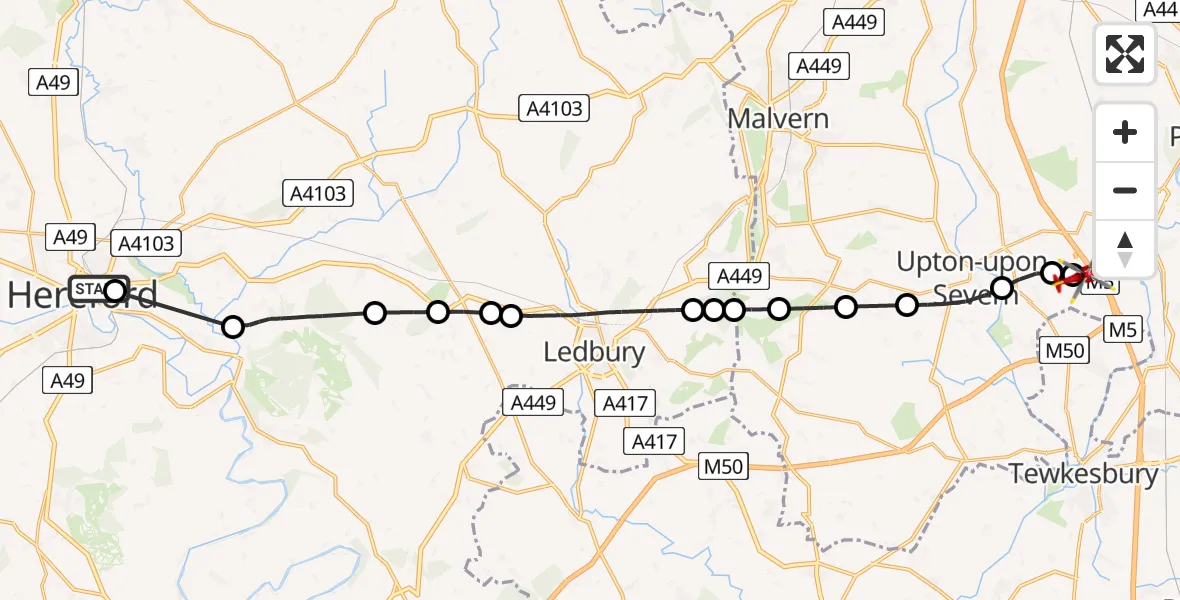 Flight route Air Ambulance Helicopter Hereford County Hospital - Upper Strensham, 29 April 2026, 18:55
