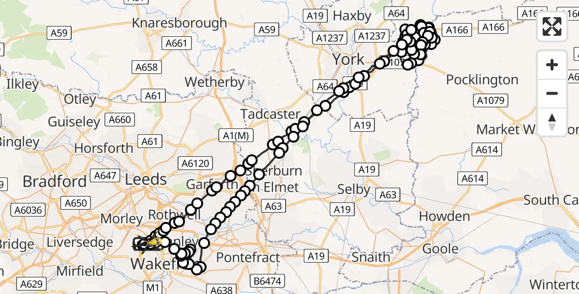 Flight path map showing Police Helicopter route from East Ardsley to Wrenthorpe