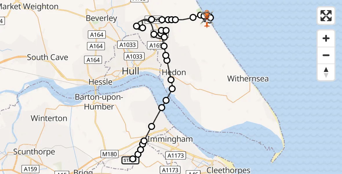 Flight route Coastguard Helicopter Humberside Airport - Aldbrough, 29 April 2026, 19:04