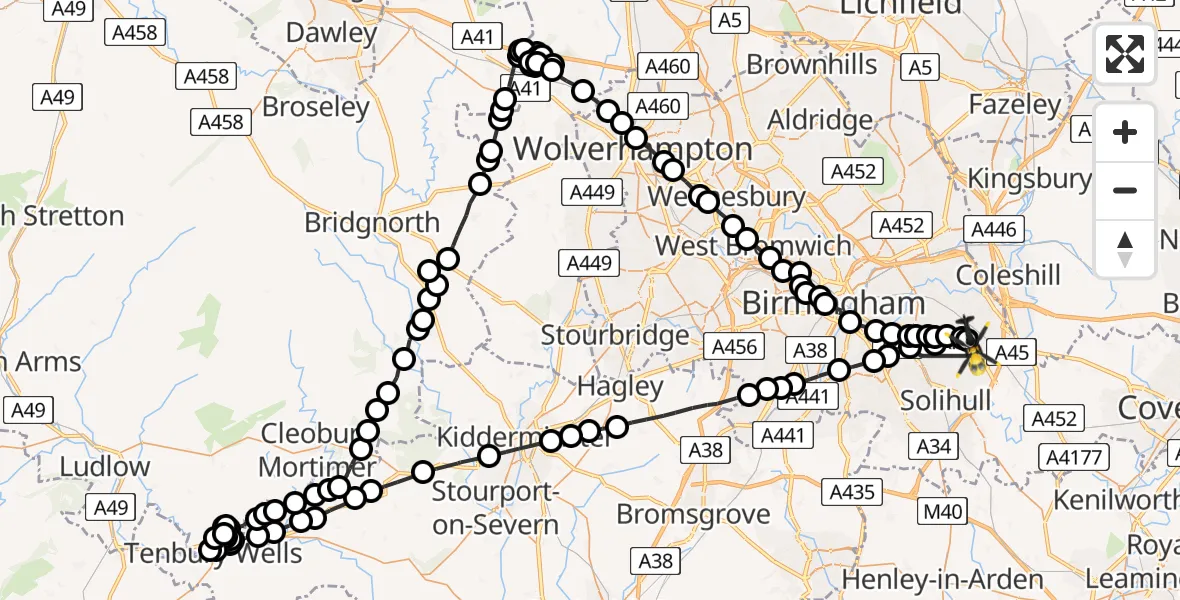 Flight path map showing Police Helicopter route from Sheldon to Birmingham Airport