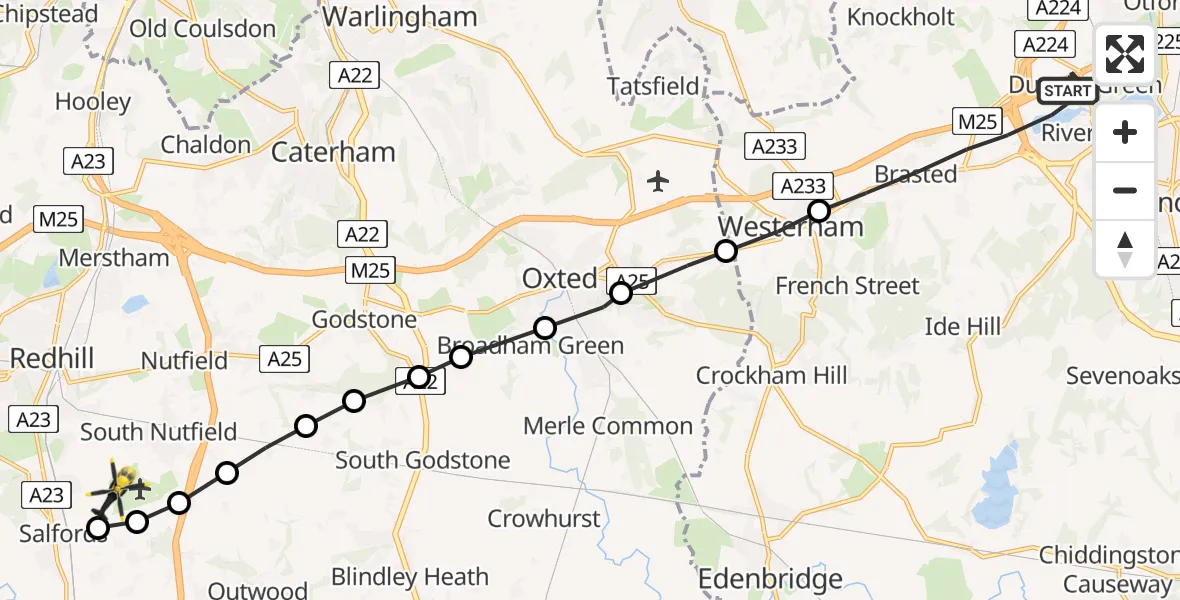 Flight path map showing Police Helicopter route from Sevenoaks to Salfords