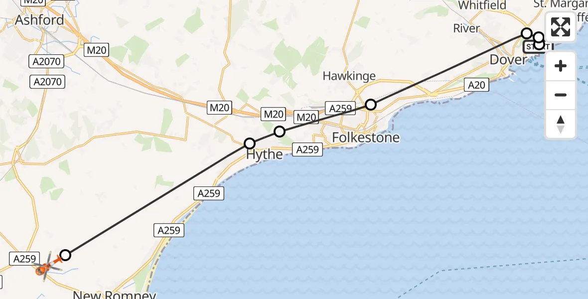 Flight route Coastguard Helicopter Langdon Battery Heliport - Ivychurch, 29 April 2026, 19:12