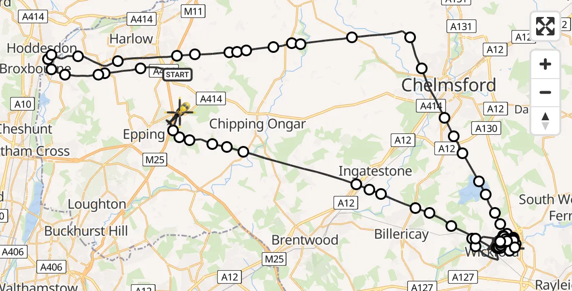 Flight path map showing Police Helicopter route from North Weald Bassett to Coopersale