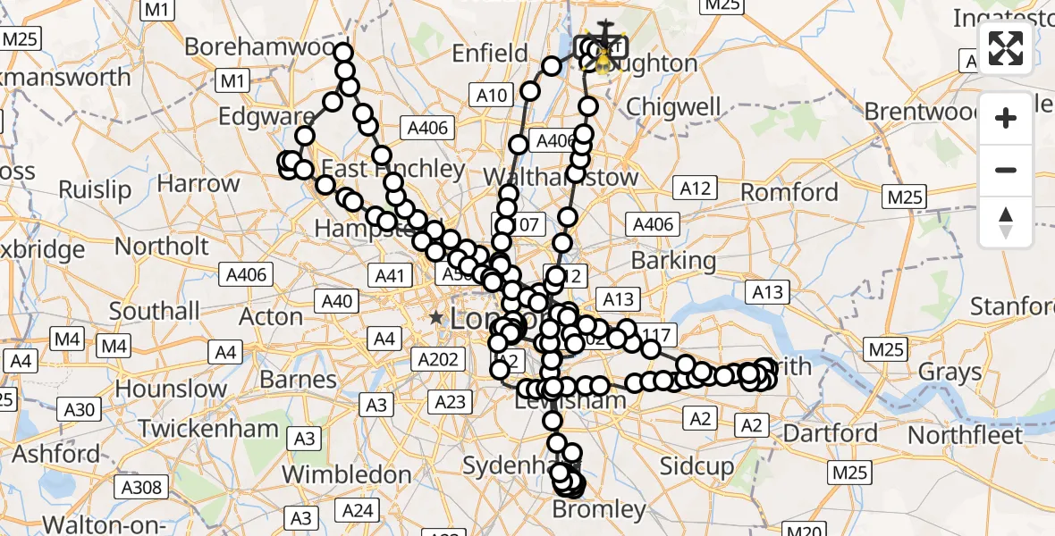 Flight path map showing Police Helicopter route from Metropolitan Police Air Support Unit Lippitts Hill to Sewardstonebury