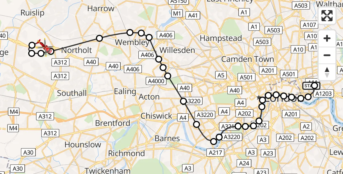 Flight route Air Ambulance Helicopter Royal London Hospital - RAF Northolt, 29 April 2026, 19:23
