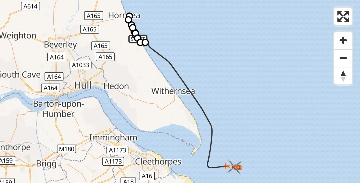Flight route Coastguard Helicopter Mappleton - North Sea, 29 April 2026, 19:35
