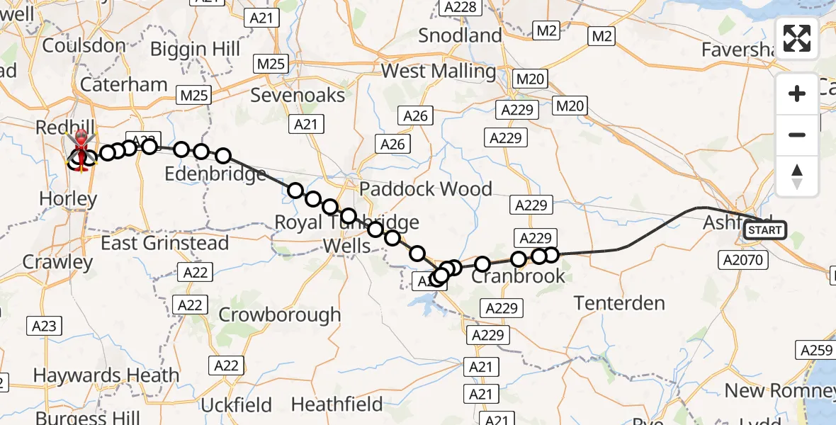 Flight route Air Ambulance Helicopter Ashford - Redhill Aerodrome, 29 April 2026, 19:43