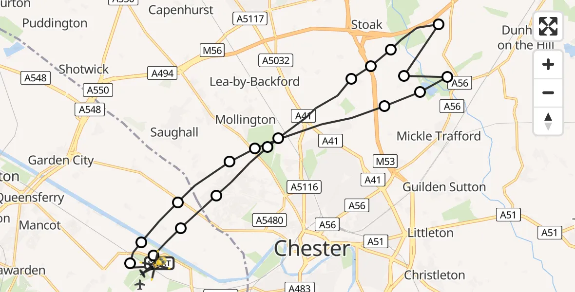 Flight route Police Helicopter Hawarden Airport - Saltney Ferry, 29 April 2026, 19:47