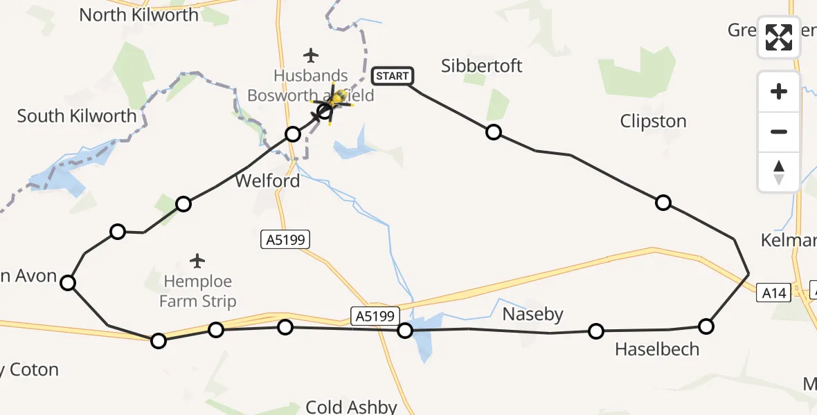 Flight path map showing Police Helicopter route from Sibbertoft to Harborough