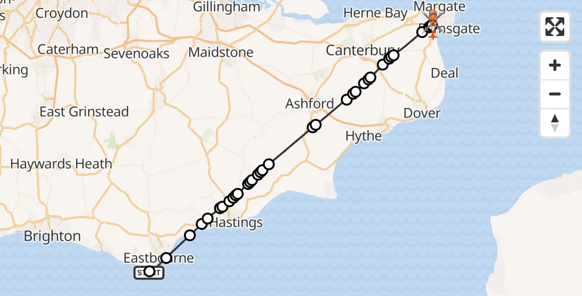 Flight route Coastguard Helicopter English Channel - Manston Airport, 29 April 2026, 20:15