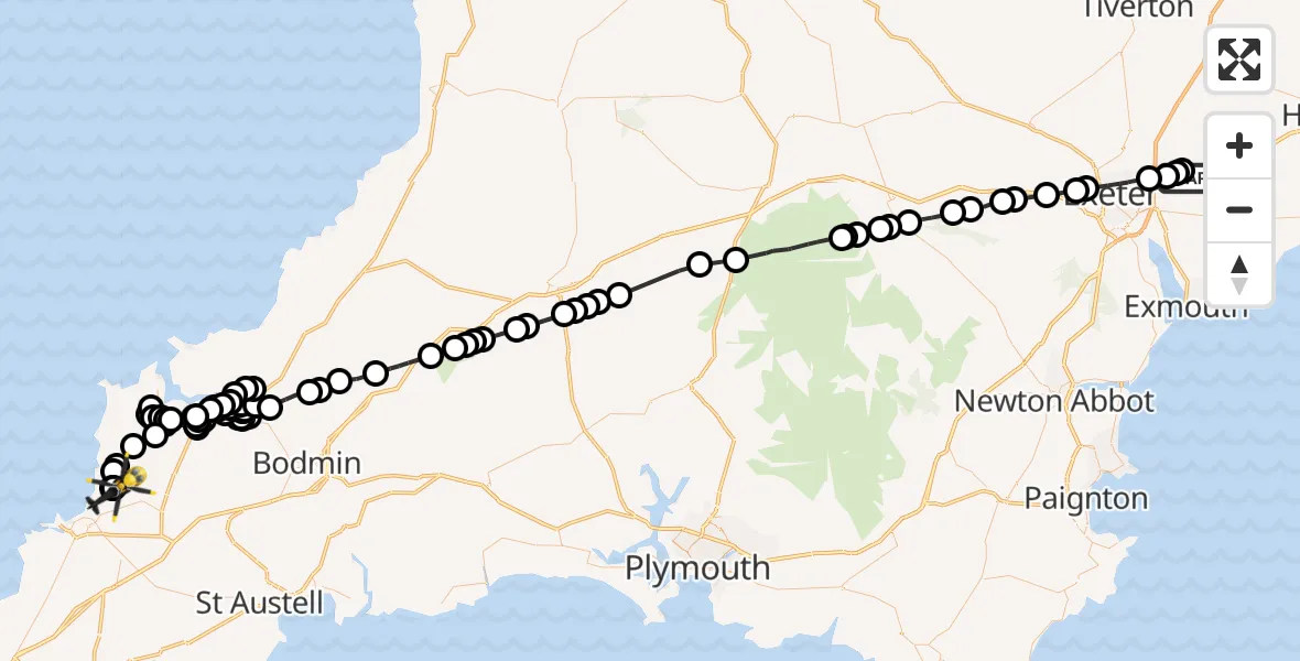 Flight route Police Helicopter Clyst Honiton - Cornwall Airport Newquay, 29 April 2026, 20:27