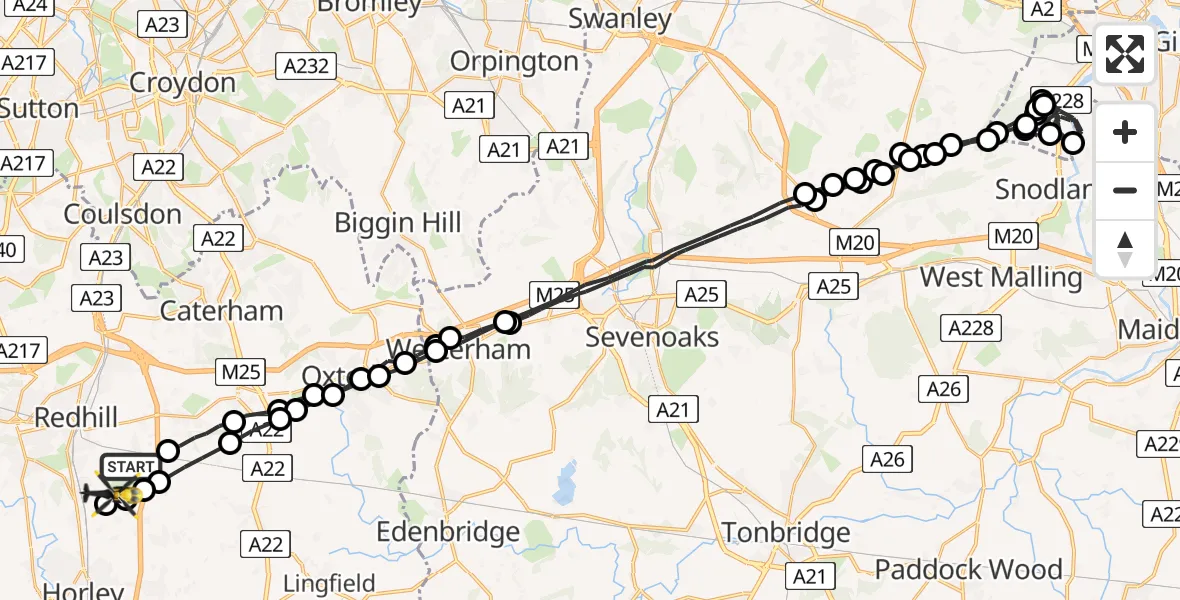 Flight route Police Helicopter South Nutfield - Redhill Aerodrome, 29 April 2026, 20:35