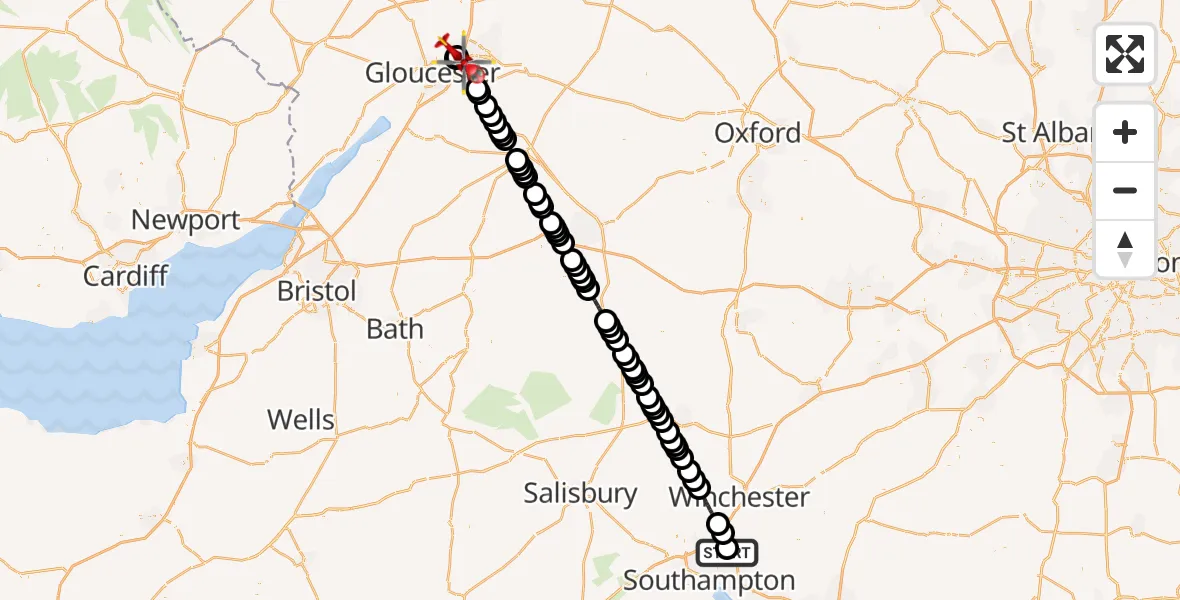 Flight route Air Ambulance Helicopter Southampton Airport - Gloucestershire Airport, 29 April 2026, 20:40