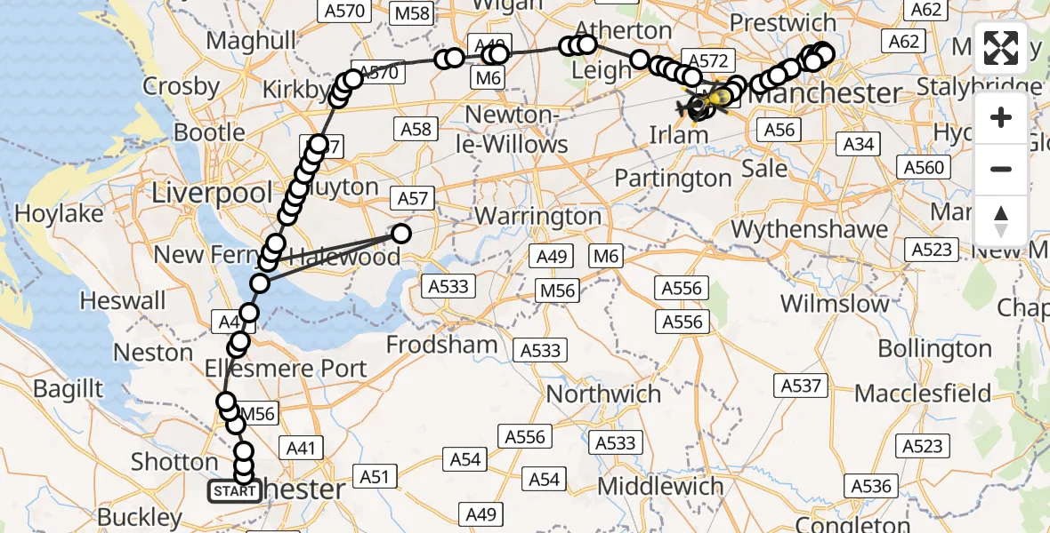 Flight route Police Helicopter Saltney Ferry - Manchester Barton Aerodrome, 29 April 2026, 20:56
