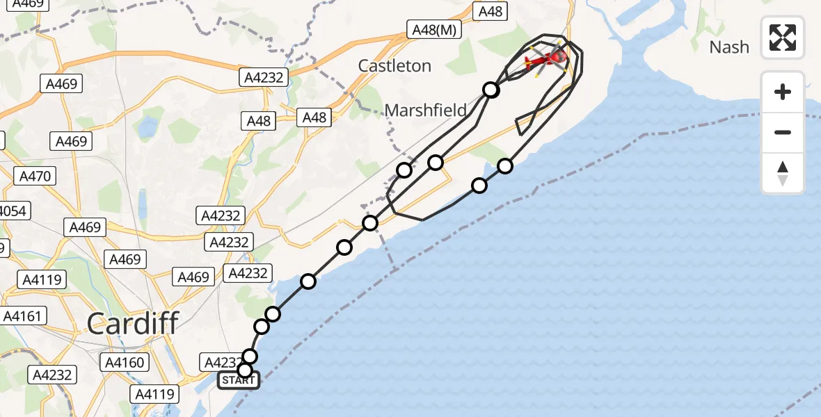 Flight path map showing Air Ambulance Helicopter route from Cardiff Heliport to Wentlooge
