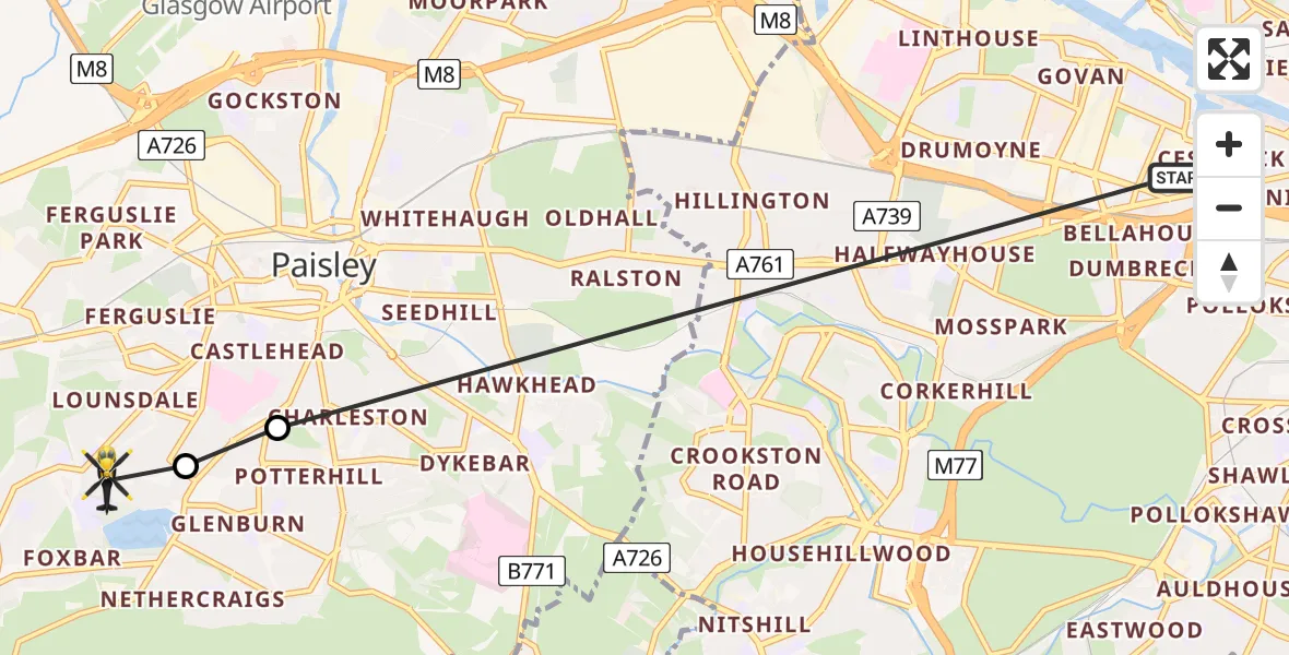 Flight path map showing Police Helicopter route from Glasgow to Elderslie