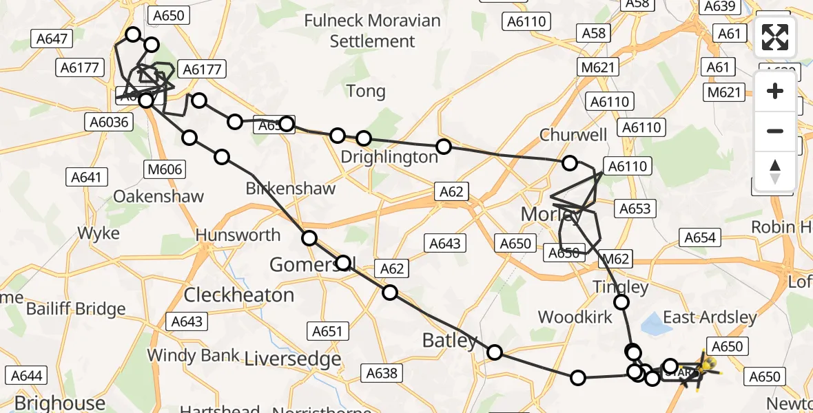 Flight path map showing Police Helicopter route from East Ardsley to Wrenthorpe