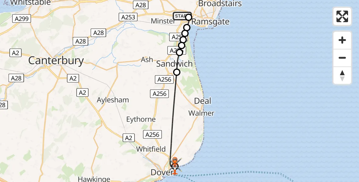 Flight path map showing Coastguard Helicopter route from Manston Airport to Langdon Battery Heliport