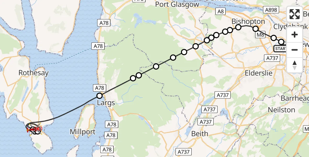 Flight path map showing Air Ambulance Helicopter route from Glasgow Airport to Bute Airfield