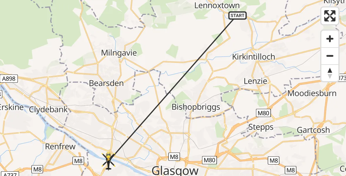 Flight path map showing Police Helicopter route from Milton of Campsie to Glasgow