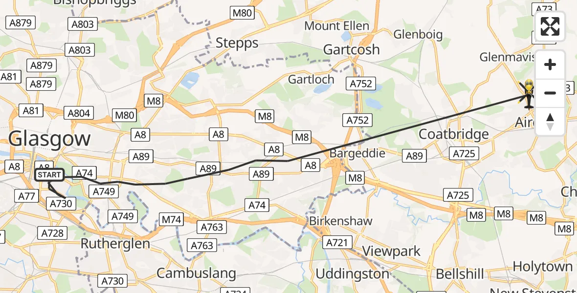 Flight path map showing Police Helicopter route from Glasgow to Airdrie