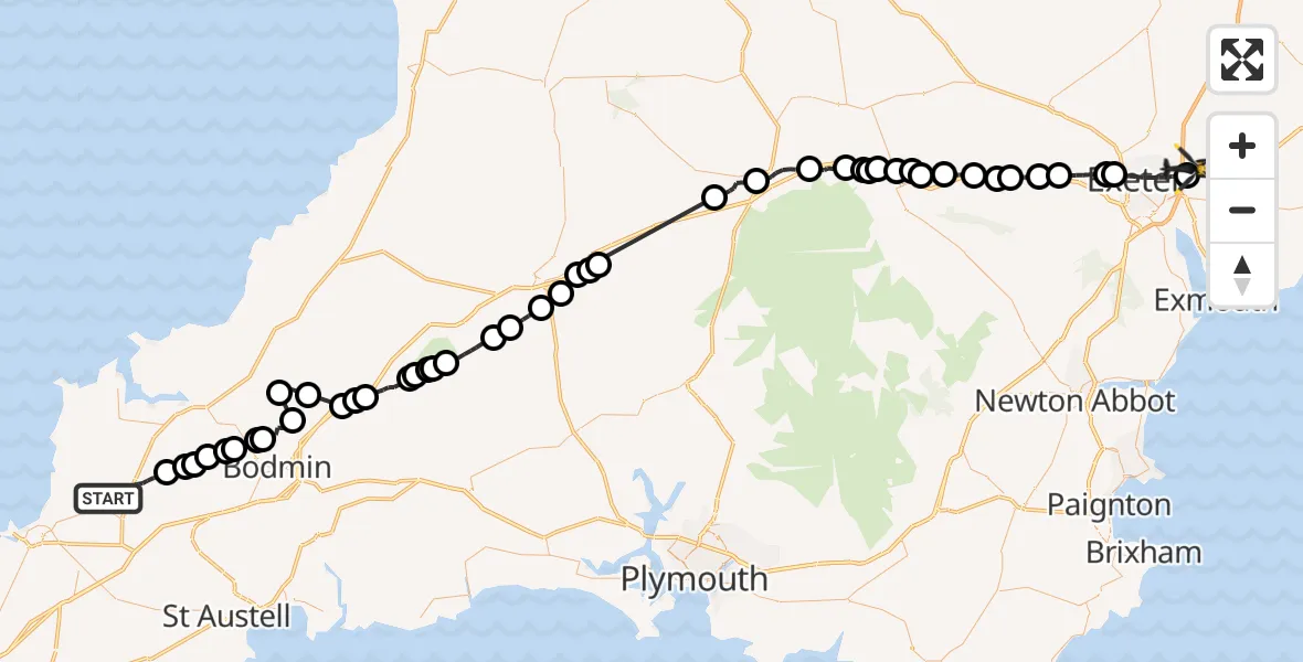 Flight path map showing Police Helicopter route from St. Columb Major to East Devon