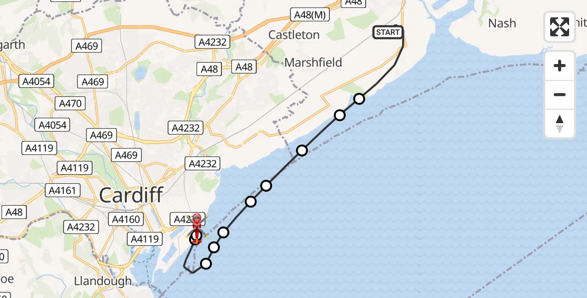 Flight path map showing Air Ambulance Helicopter route from Wentlooge to Cardiff Heliport