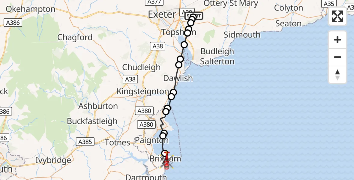 Flight path map showing Air Ambulance Helicopter route from East Devon to Brixham