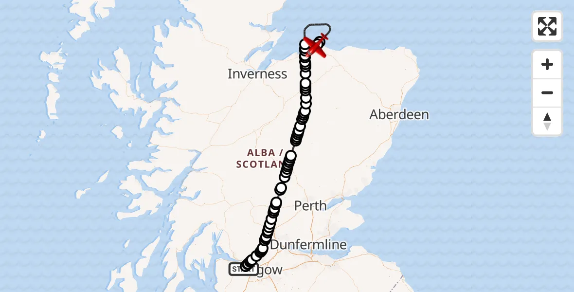 Flight path map showing Air Ambulance Aircraft route from Glasgow Airport to RAF Lossiemouth