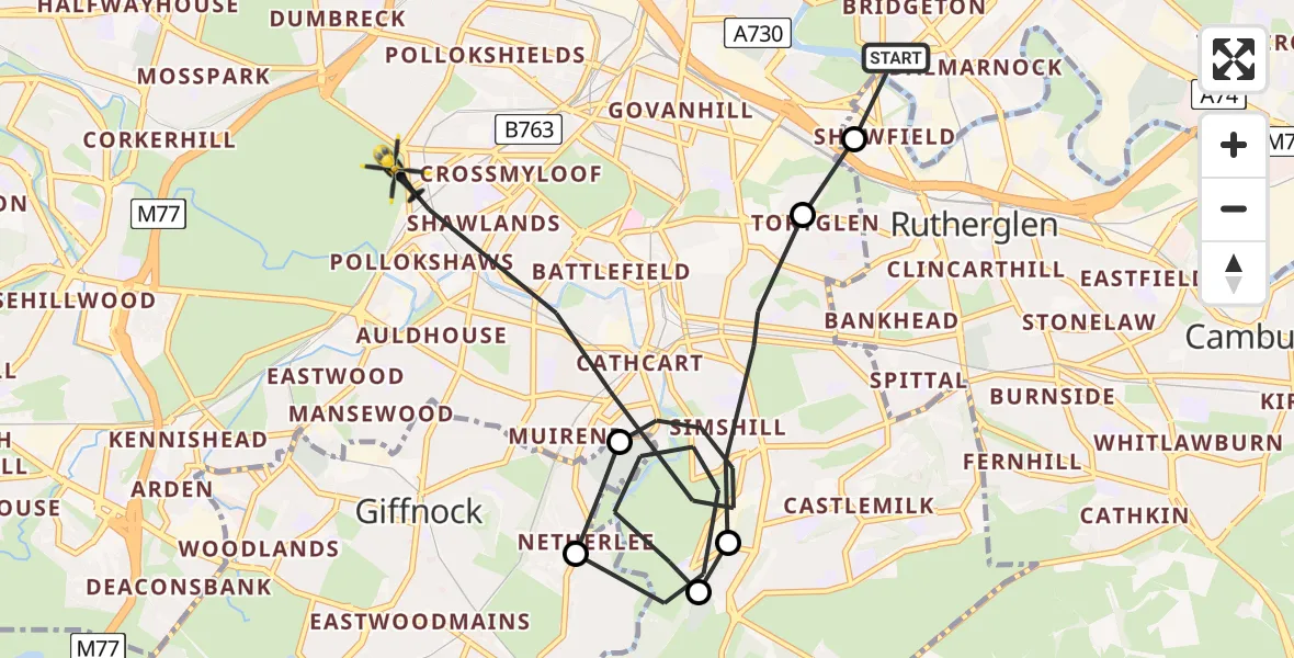 Flight path map showing Police Helicopter route from Glasgow to Glasgow