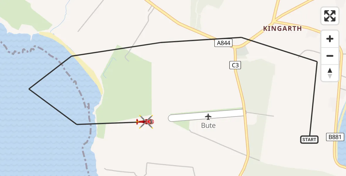 Flight path map showing Air Ambulance Helicopter route from Inner Seas to Bute Airfield