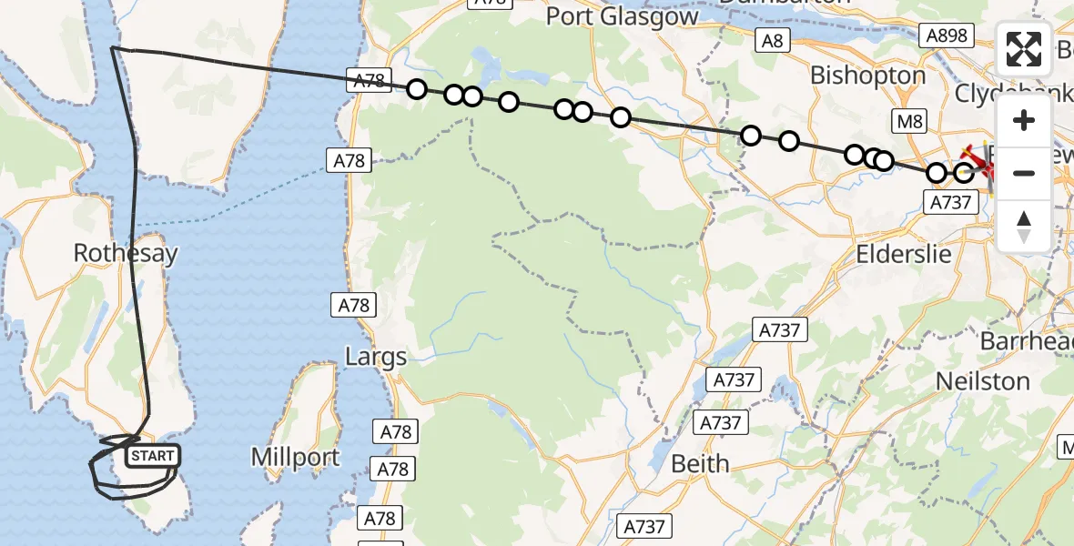 Flight path map showing Air Ambulance Helicopter route from Inner Seas to Glasgow Airport