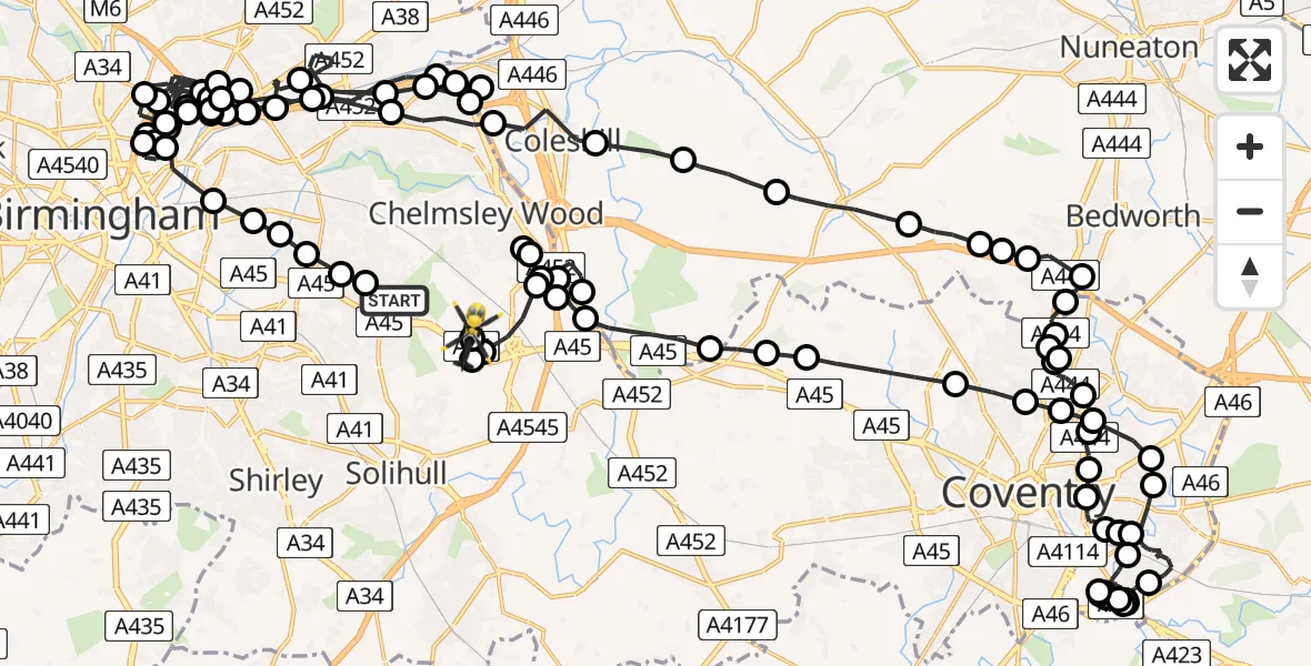 Flight path map showing Police Helicopter route from Sheldon to Solihull